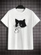 Mens Cartoon Animal Cat Print Crew Neck Short Sleeve T-Shirts Winter - White