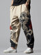 पुरुषों के लिए चीनी ड्रैगन प्रिंट ढीला पैंट पॉकेट के साथ - खुबानी