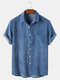 Mens Corduroy Solid Color Breathable Casual Short Sleeve Shirts - Blue