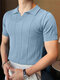 Mens Striped Slim Short Sleeve Lapel Shirt - Blue