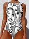 Women One Piece Graffiti Abstract Print Patchwork High Neck Sleeveless Slimming Swimsuit - White3