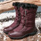 LOSTISY Women Winter Warm Plush Waterproof Cotton Lace Up Mid Calf Snow Boots - Brown