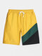 Mens Tricolor Patchwork Pocket Drawstring Board Shorts - Yellow
