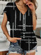 Short Sleeve V-neck Button Stripe Women T-Shirt - Black