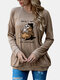 Women Sloth Print Pocket Long Sleeve O-neck Casual T-Shirt - Khaki