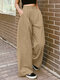 Casual Solid Color Loose Plus Size Wide Leg Pants with Pockets - Khaki
