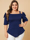 Solid Color Off Shoulder Knotted Plus Size Casual T-shirt for Women - Blue