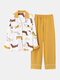 Women Panda Print Pajamas Long Set Flounce Trim Lapel Collar Home Sleepwear - Yellow