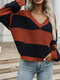 Contrast Color V-neck Long Sleeve Ripped Loose Sweater - Navy