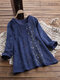 Embroidered Corduroy Button Long Sleeve Vintage Blouse - Navy
