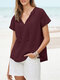 Solid Tassel Knotted V Neck Casual Blouse - Wine Red
