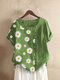 Daisy Floral Patched Print Short Sleeve O-Neck Button T-Shirt - Green