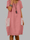 Women Sequins Pocket Splice Cotton Short Sleeve Dress - Pink
