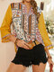 Bohemian Print Tassel Long Sleeves V-neck Blouse For Women - Yellow