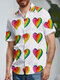 Mens Colorful Hearts Print Lapel Collar Camisas de manga curta - Branco