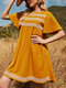 Lace Patchwork Dolman Short Sleeve O-neck Casual Dress - Yellow