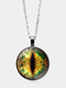 Vintage Gemstone Glass Printed Women Necklaces Cat Eye Pendant Sweater Chain - Silver