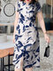女性植物プリントボタンデザインスプリットヘムカジュアル半袖ドレス - 青