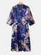 Women Floral Peacock Print Luxury Satin Faux Silk Home Kimono Robes - Navy