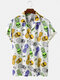 Mens Funny Skull & Fruit Print Breathable Casual Short Sleeve Shirts - Yellow
