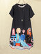 Cartoon Girls Graphic Pocket Short Sleeve Button Dress - Black