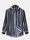 Mens Classical Vertical Striped Casual Loose Lapel Long Sleeve Shirts - Blue