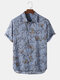 Mens Plant Graphics Button Up Cotton Short Sleeve Shirt - Blue