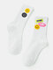 Women Cotton Smile Face Letters Patterned Cloth Label Breathable Medium Stockings Socks - White
