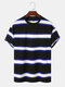 Mens Wide Striped Crew Neck Cotton Loose Short Sleeve T-Shirts - Blue