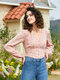 Floral Plaid Print Long Sleeve V-neck Button Blouse For Women - Pink