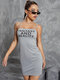 Letters Graphic Backless Off The Shoulder Strap Sexy Dress - Gray