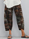 Flower Print Elastic Waist Casual Pant For Women With Pocket - Brown