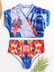 Women High Waist Bikini String Short Sleeves Tropical Print Swimwear - Blue