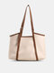 PU Leather Vintage Large Capicity Tote Bag Contrast Color One Shoulder Handbag - Khaki