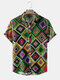 Mens Colorful Argyle Pattern Vintage Cotton Short Sleeve Shirts - Multi Color