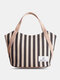 Casual Canvas Striped Design ZIP Wavy Pocket Two Tone Handbag Tote - Black