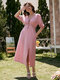 Solid Slit Front Tie Stitch V-neck Half Sleeve Elegant Dress - Pink