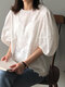Blusa feminina Guipure gola redonda de algodão manga lanterna - Branco