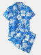 Floral Pattern Print Pajamas Sets Two Pieces Short Sleeve Tops and Short Bottoms Sleepwear for Men - Blue