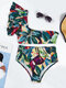 Women Tropical Plant Print One Shoulder Bandage Backless High Waist Bikinis Swimwear - Green