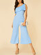 Solid Color Plain One-shoulder Ruffle Long Casual Jumpsuit for Women - Blue