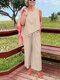 Einfarbige Damen-Hose mit Rundhalsausschnitt, ärmellos und weitem Bein, Kombiteil - Khaki