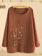 Floral Embroidery Button O-neck Long Sleeve Blouse - Brick Red