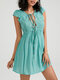 Solid Lace Stitch Cap Sleeve Button Deep V-neck Tie Front Dress - Green