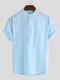 Mens Solid Stand Collar Short Sleeve Pocket Button Shirt - Blue