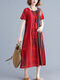 Ethnic Stripe Print Short Sleeve Vintage Dress - Red