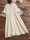 Casual Solid Color Pleated Button Bracelet Sleeve Stand Collar Midi Dress - Beige