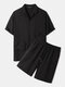 Mens 100% Cotton Cargo Style Revere Collar Loose Two Pieces Outfits - Black