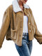 Women Turn Down Collar Long Sleeves Warm Coat With Side Pockets - Coffee