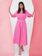 Cut Out Knotted Puff Sleeve V-neck Button Pink Dress - Pink